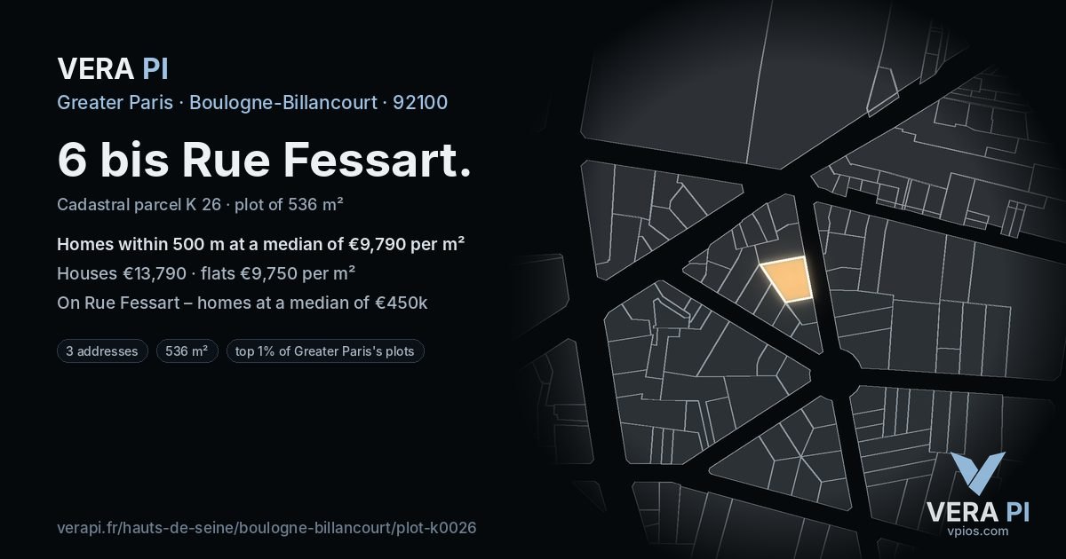 6 bis Rue Fessart, Boulogne-Billancourt at night – the plot lit, the parcels around coloured by the prices near them