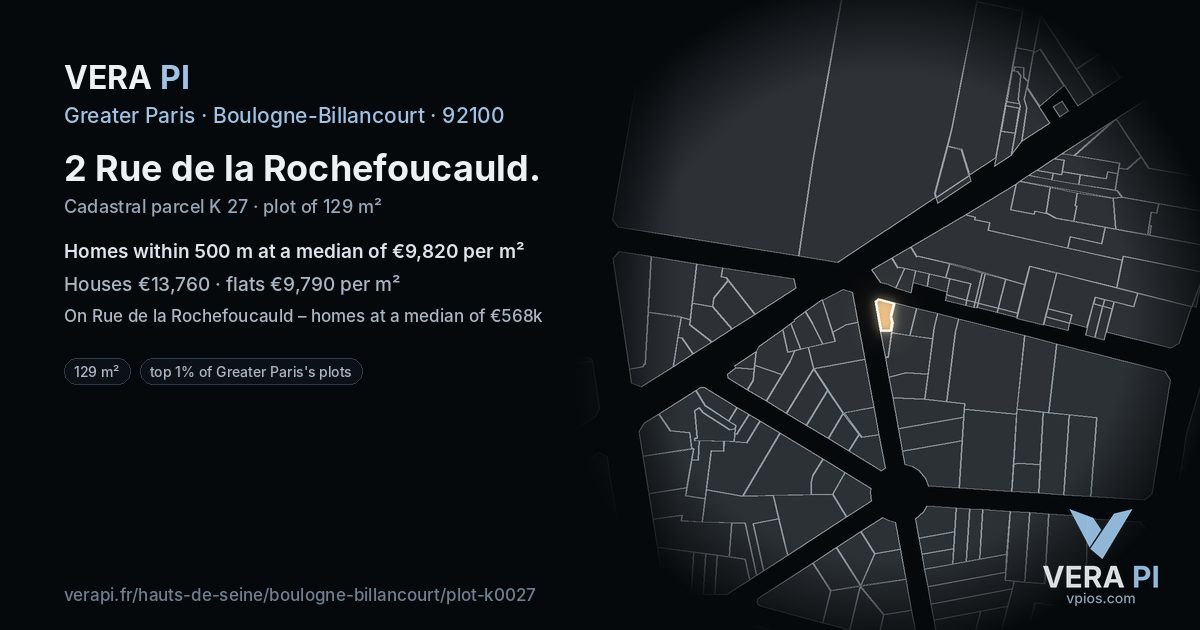 2 Rue de la Rochefoucauld, Boulogne-Billancourt at night – the plot lit, the parcels around coloured by the prices near them