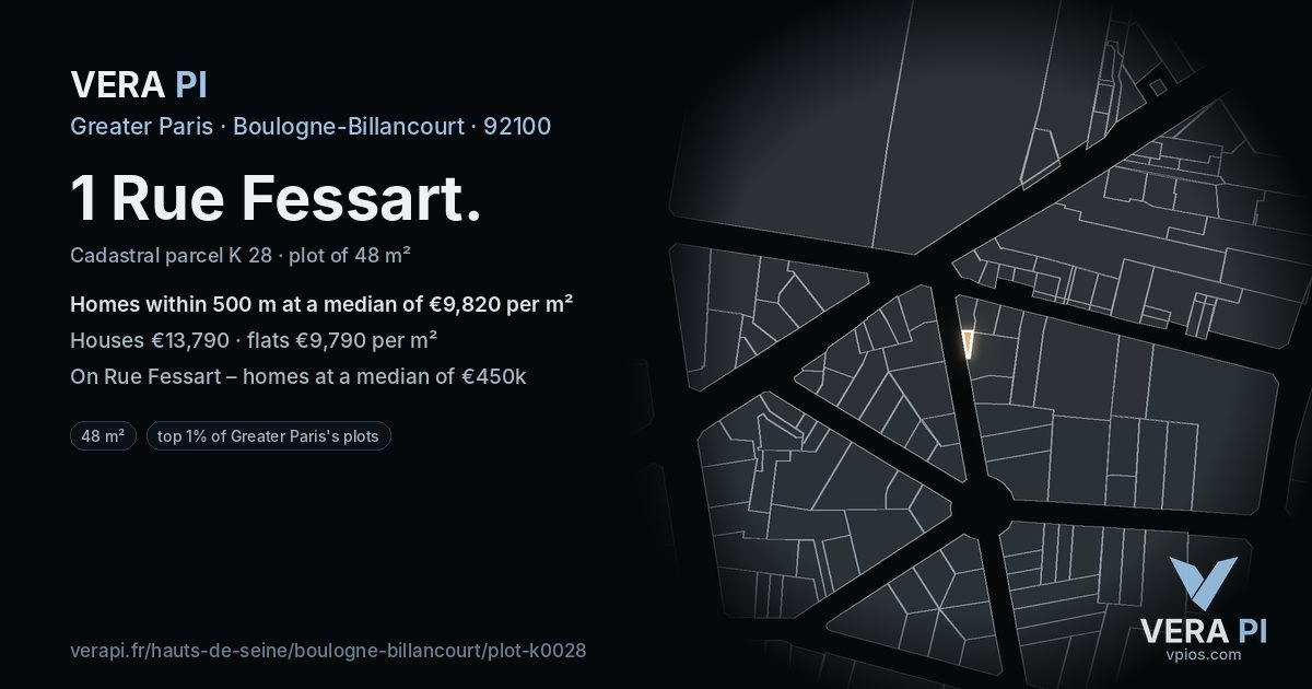 1 Rue Fessart, Boulogne-Billancourt at night – the plot lit, the parcels around coloured by the prices near them