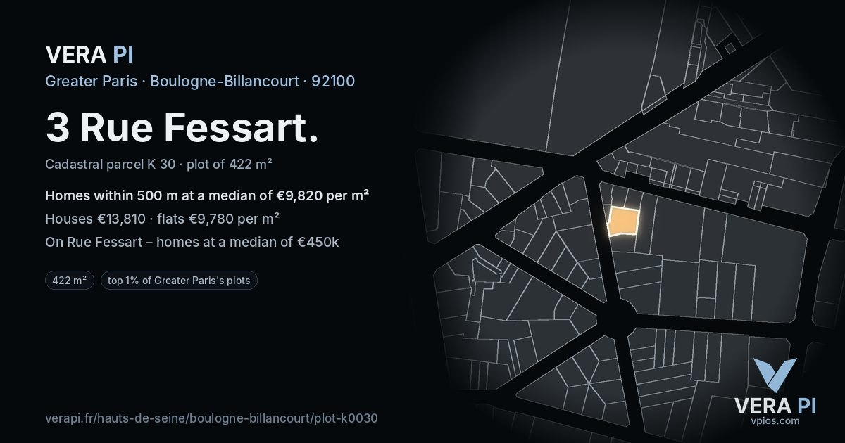 3 Rue Fessart, Boulogne-Billancourt at night – the plot lit, the parcels around coloured by the prices near them