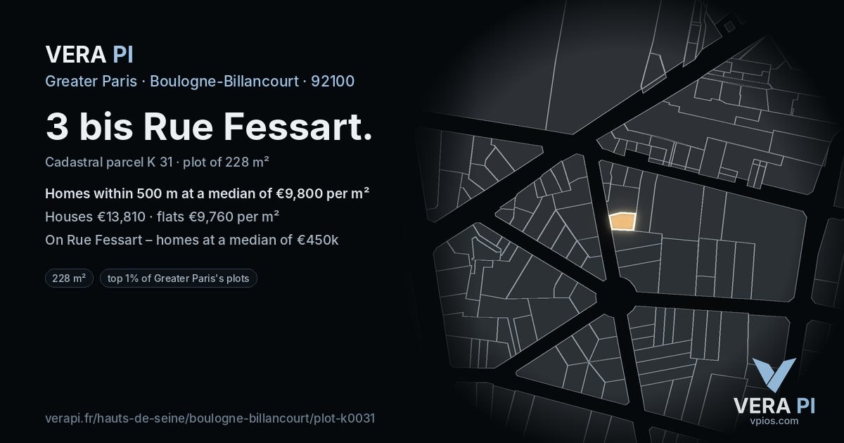 3 bis Rue Fessart, Boulogne-Billancourt at night – the plot lit, the parcels around coloured by the prices near them