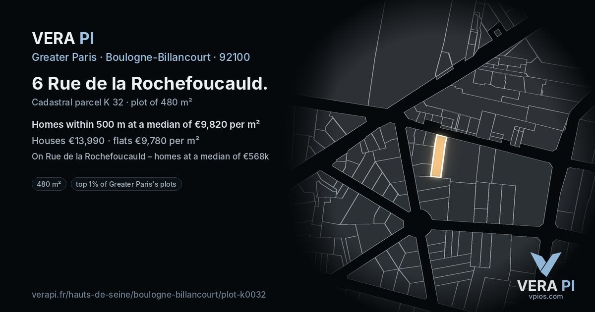 6 Rue de la Rochefoucauld, Boulogne-Billancourt at night – the plot lit, the parcels around coloured by the prices near them