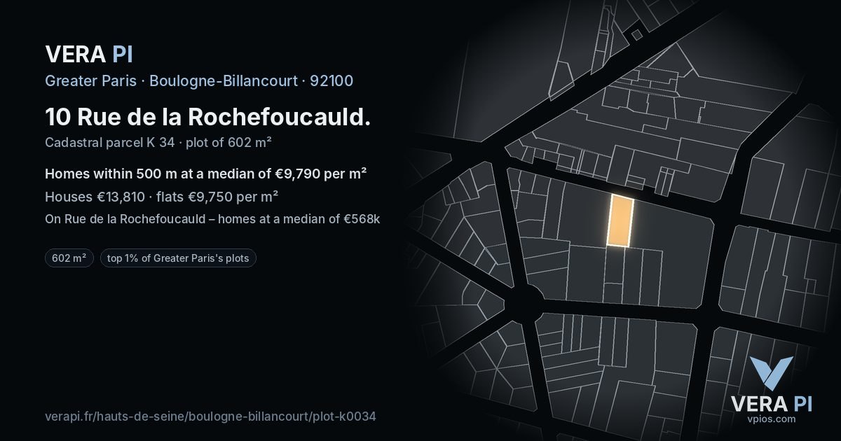 10 Rue de la Rochefoucauld, Boulogne-Billancourt at night – the plot lit, the parcels around coloured by the prices near them