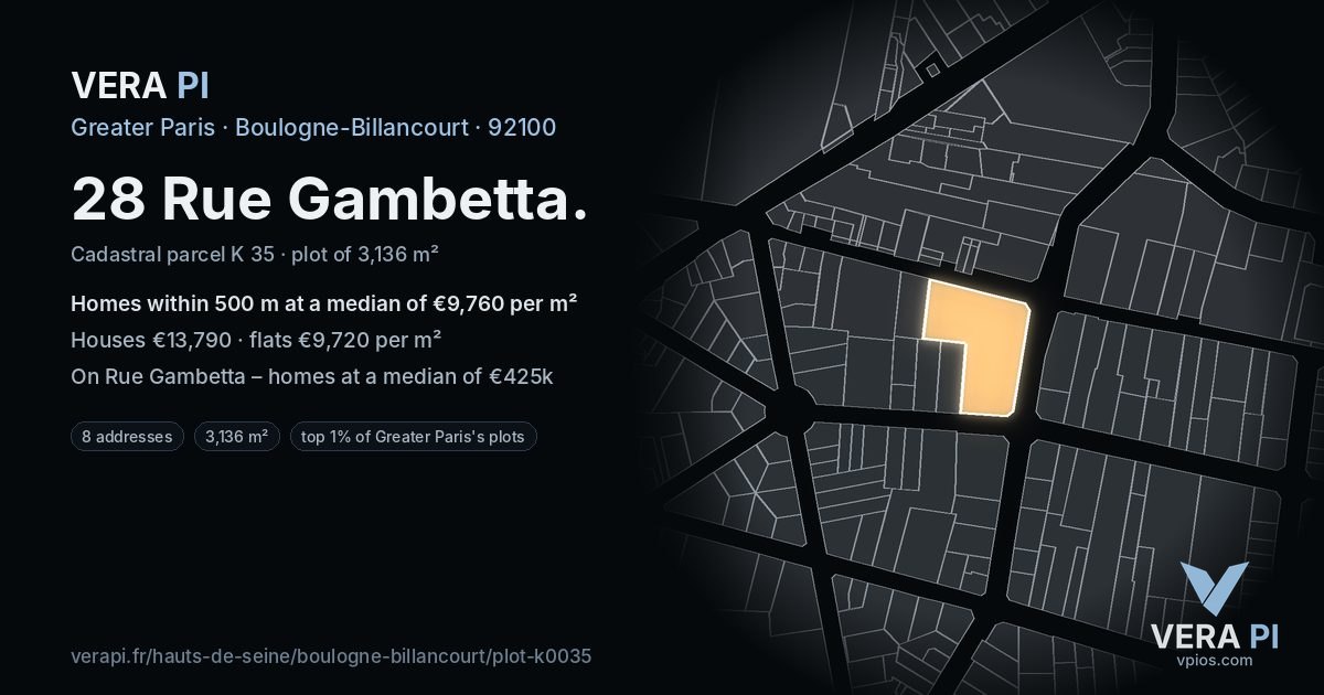 28 Rue Gambetta, Boulogne-Billancourt at night – the plot lit, the parcels around coloured by the prices near them