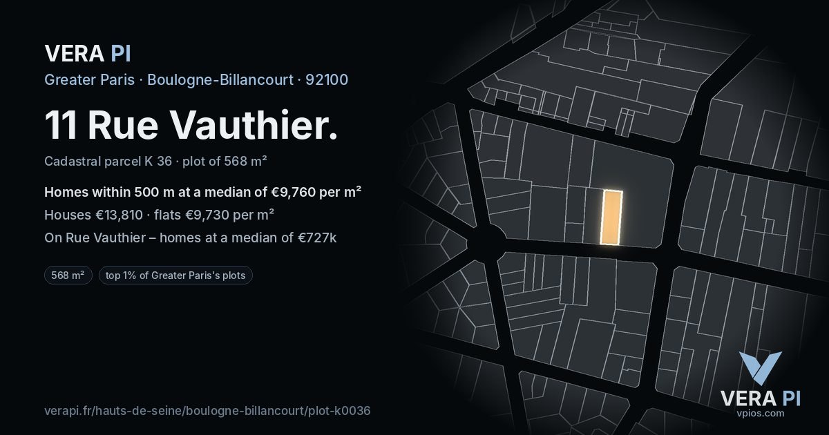 11 Rue Vauthier, Boulogne-Billancourt at night – the plot lit, the parcels around coloured by the prices near them