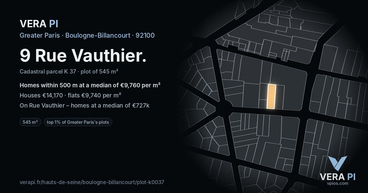 9 Rue Vauthier, Boulogne-Billancourt at night – the plot lit, the parcels around coloured by the prices near them