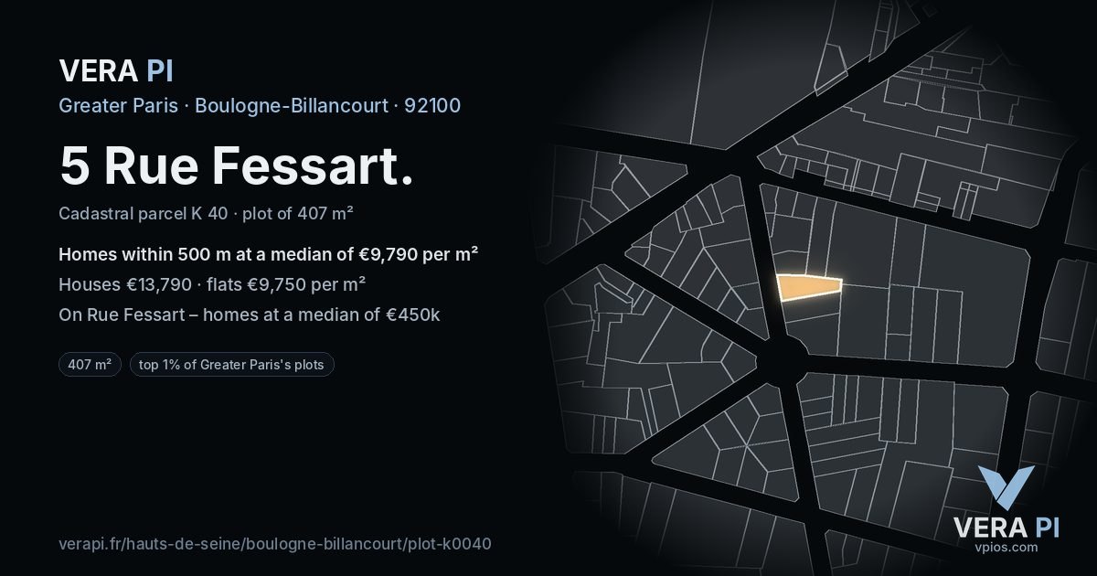 5 Rue Fessart, Boulogne-Billancourt at night – the plot lit, the parcels around coloured by the prices near them