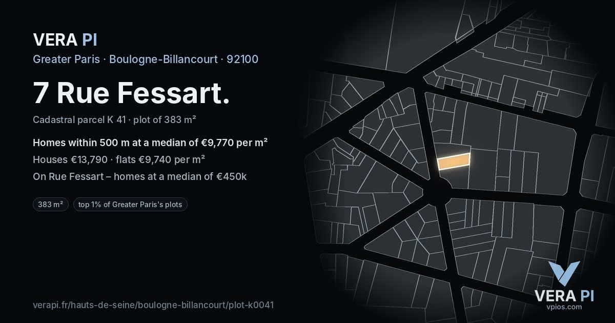 7 Rue Fessart, Boulogne-Billancourt at night – the plot lit, the parcels around coloured by the prices near them