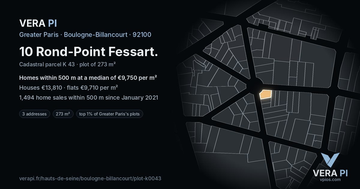 10 Rond-Point Fessart, Boulogne-Billancourt at night – the plot lit, the parcels around coloured by the prices near them