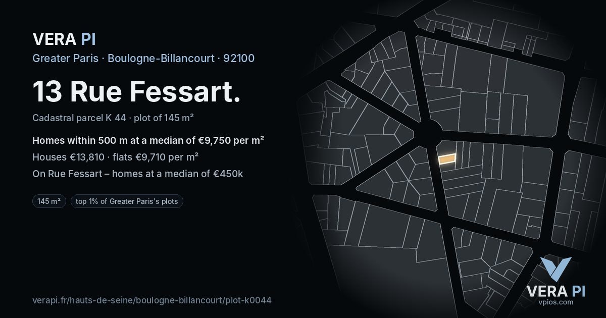 13 Rue Fessart, Boulogne-Billancourt at night – the plot lit, the parcels around coloured by the prices near them