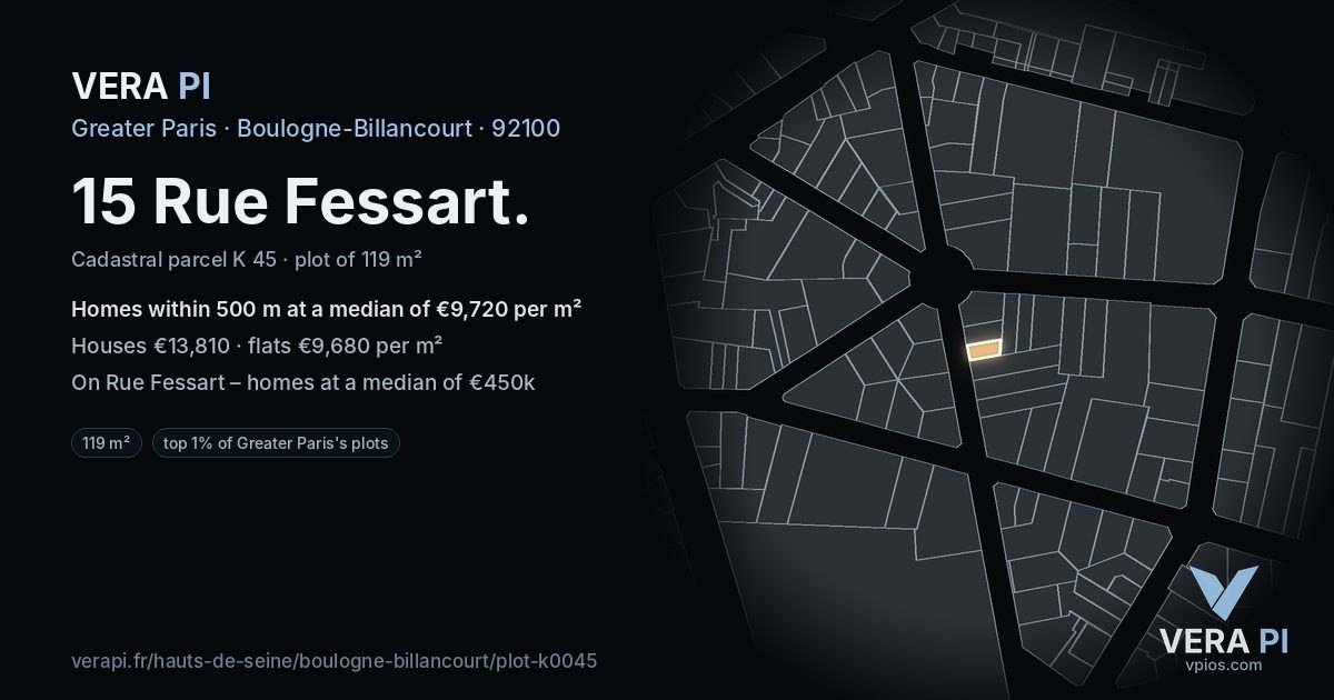 15 Rue Fessart, Boulogne-Billancourt at night – the plot lit, the parcels around coloured by the prices near them