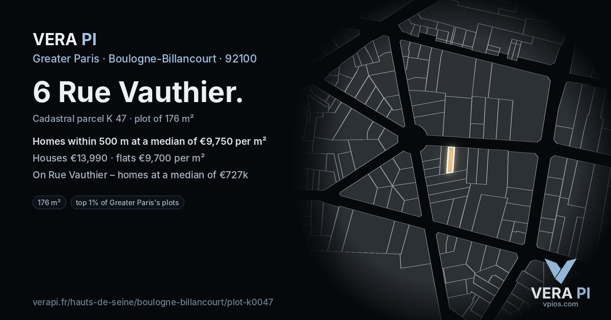 6 Rue Vauthier, Boulogne-Billancourt at night – the plot lit, the parcels around coloured by the prices near them