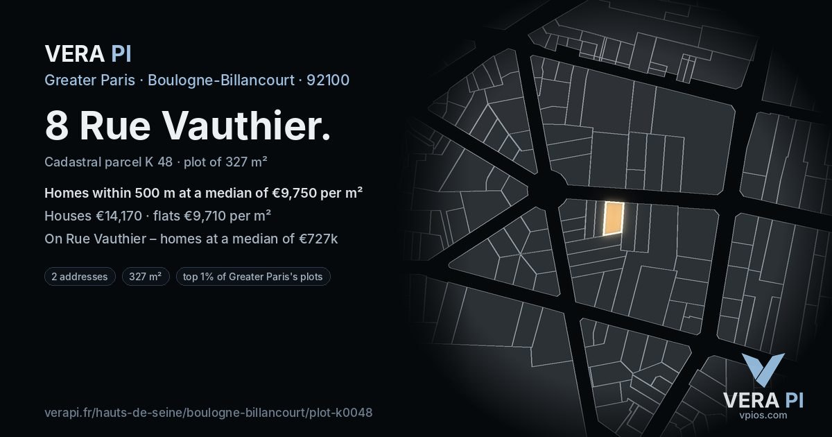 8 Rue Vauthier, Boulogne-Billancourt at night – the plot lit, the parcels around coloured by the prices near them