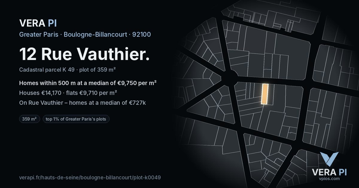 12 Rue Vauthier, Boulogne-Billancourt at night – the plot lit, the parcels around coloured by the prices near them