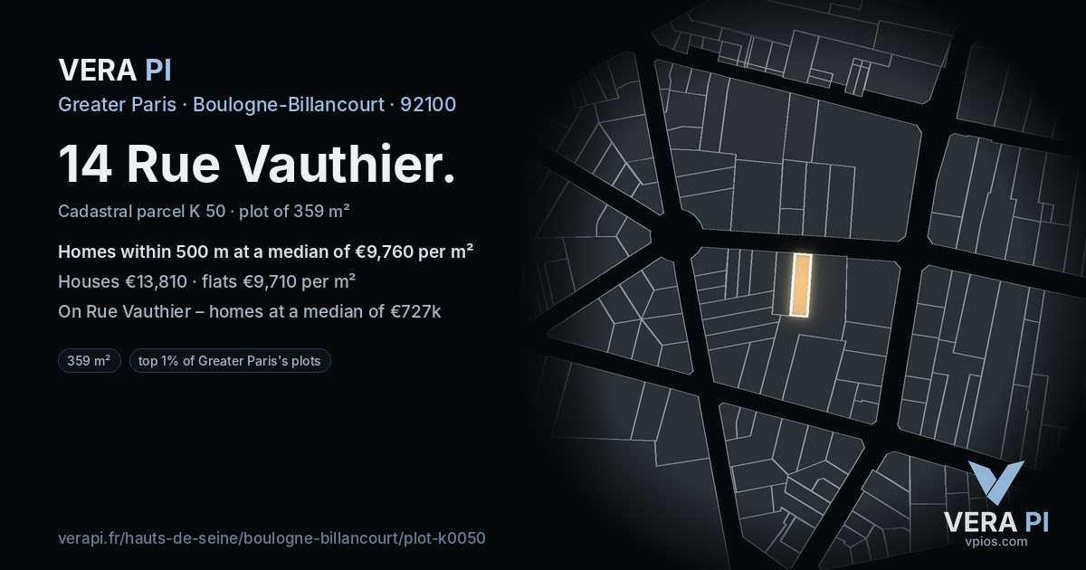 14 Rue Vauthier, Boulogne-Billancourt at night – the plot lit, the parcels around coloured by the prices near them