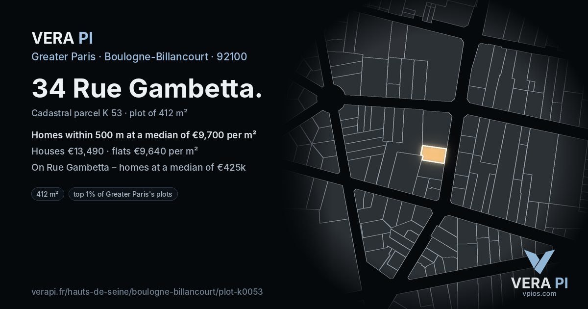 34 Rue Gambetta, Boulogne-Billancourt at night – the plot lit, the parcels around coloured by the prices near them