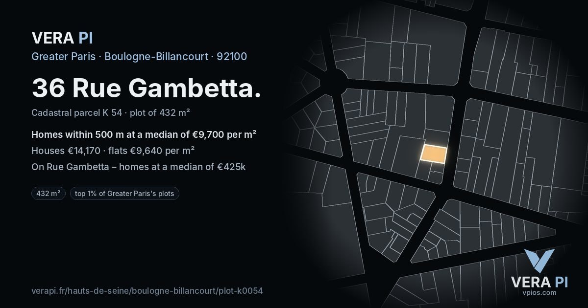 36 Rue Gambetta, Boulogne-Billancourt at night – the plot lit, the parcels around coloured by the prices near them