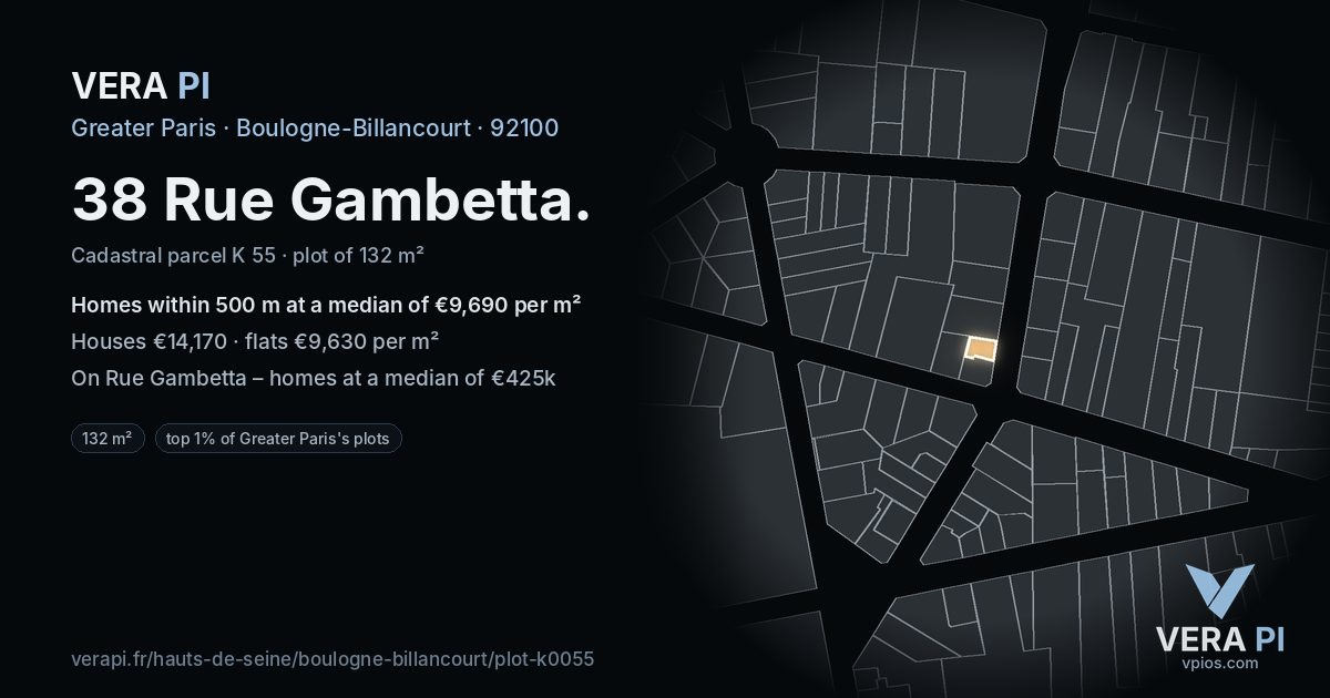 38 Rue Gambetta, Boulogne-Billancourt at night – the plot lit, the parcels around coloured by the prices near them