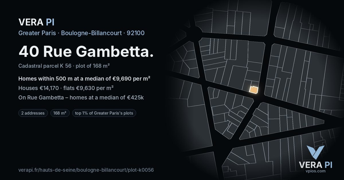 40 Rue Gambetta, Boulogne-Billancourt at night – the plot lit, the parcels around coloured by the prices near them