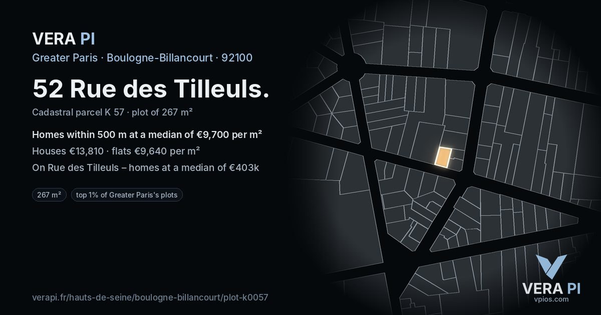 52 Rue des Tilleuls, Boulogne-Billancourt at night – the plot lit, the parcels around coloured by the prices near them
