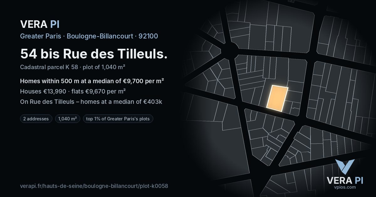 54 bis Rue des Tilleuls, Boulogne-Billancourt at night – the plot lit, the parcels around coloured by the prices near them