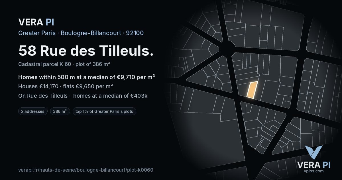 58 Rue des Tilleuls, Boulogne-Billancourt at night – the plot lit, the parcels around coloured by the prices near them