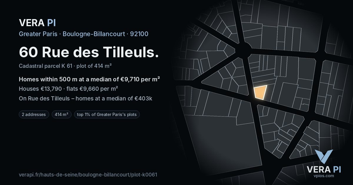 60 Rue des Tilleuls, Boulogne-Billancourt at night – the plot lit, the parcels around coloured by the prices near them