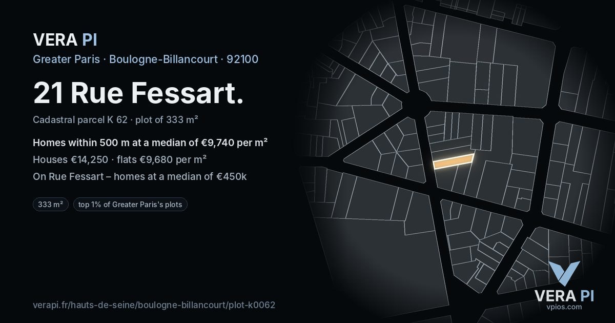 21 Rue Fessart, Boulogne-Billancourt at night – the plot lit, the parcels around coloured by the prices near them