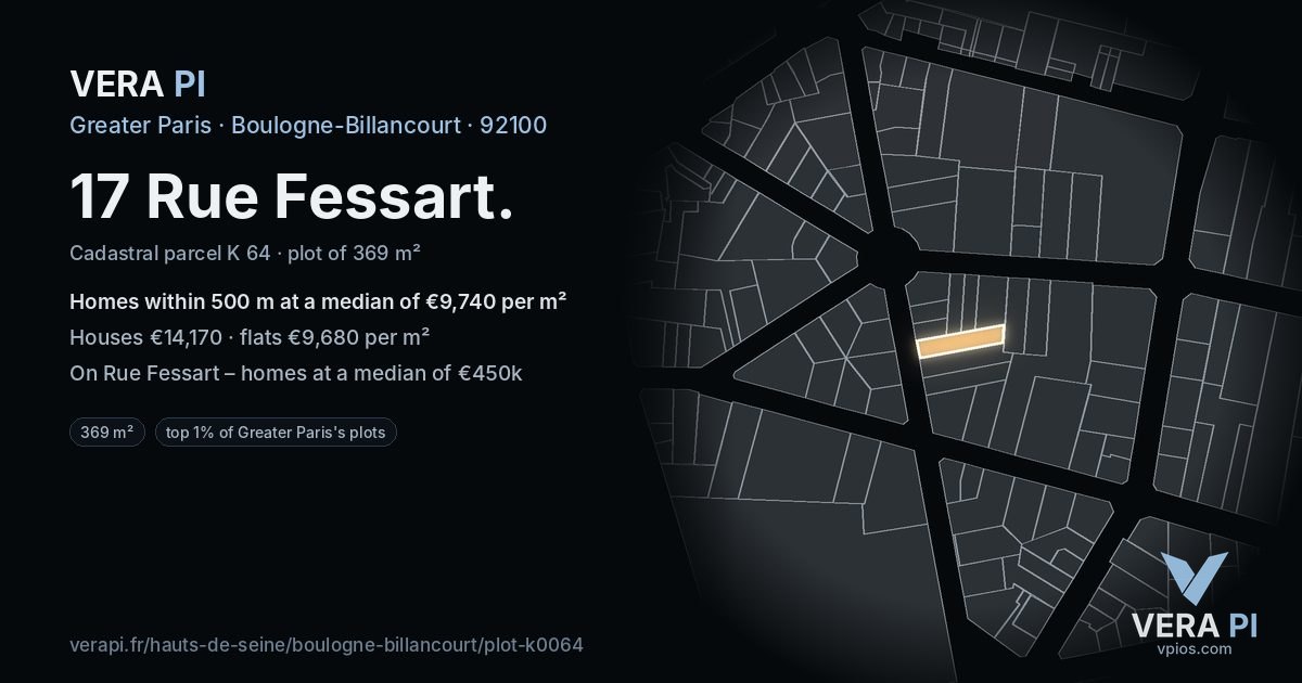 17 Rue Fessart, Boulogne-Billancourt at night – the plot lit, the parcels around coloured by the prices near them