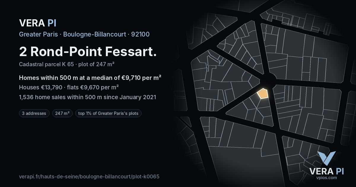 2 Rond-Point Fessart, Boulogne-Billancourt at night – the plot lit, the parcels around coloured by the prices near them