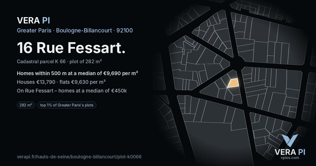 16 Rue Fessart, Boulogne-Billancourt at night – the plot lit, the parcels around coloured by the prices near them