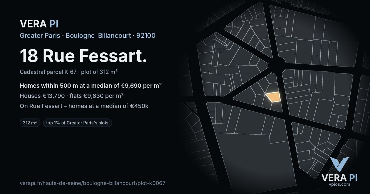 18 Rue Fessart, Boulogne-Billancourt at night – the plot lit, the parcels around coloured by the prices near them