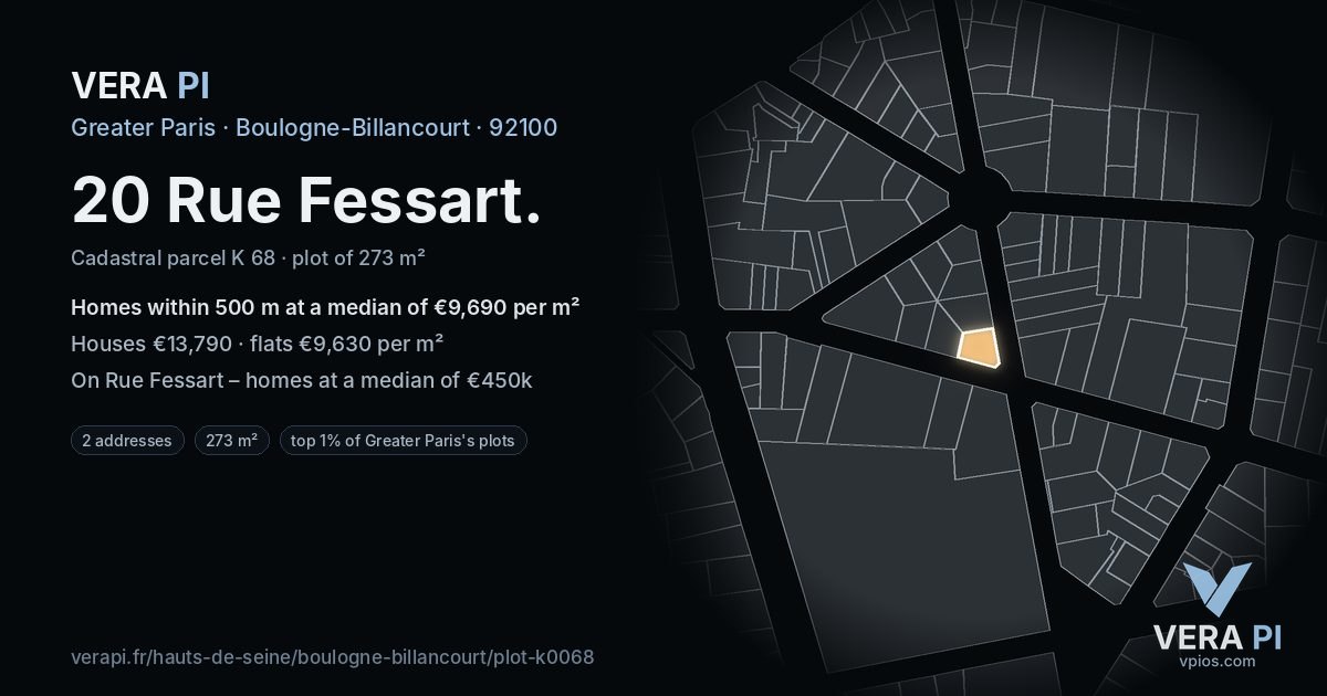 20 Rue Fessart, Boulogne-Billancourt at night – the plot lit, the parcels around coloured by the prices near them