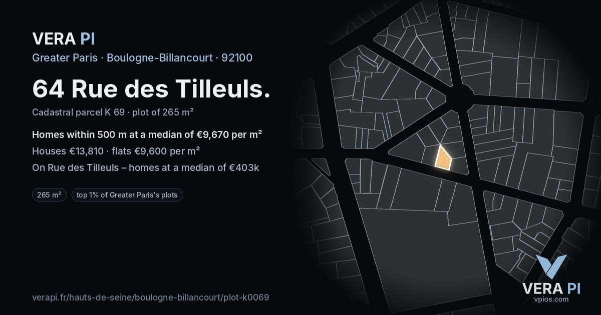 64 Rue des Tilleuls, Boulogne-Billancourt at night – the plot lit, the parcels around coloured by the prices near them