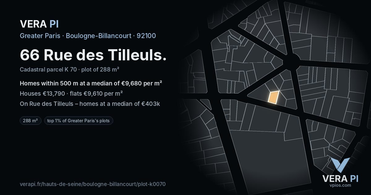 66 Rue des Tilleuls, Boulogne-Billancourt at night – the plot lit, the parcels around coloured by the prices near them