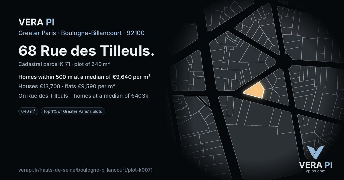 68 Rue des Tilleuls, Boulogne-Billancourt at night – the plot lit, the parcels around coloured by the prices near them