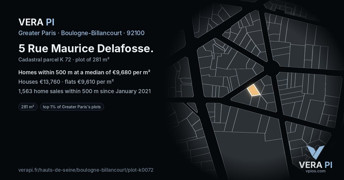 5 Rue Maurice Delafosse, Boulogne-Billancourt at night – the plot lit, the parcels around coloured by the prices near them