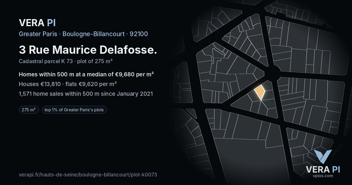 3 Rue Maurice Delafosse, Boulogne-Billancourt at night – the plot lit, the parcels around coloured by the prices near them