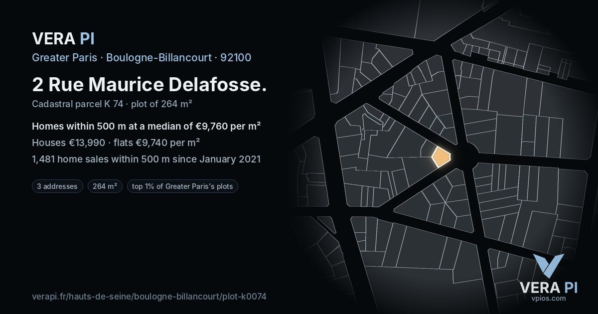 2 Rue Maurice Delafosse, Boulogne-Billancourt at night – the plot lit, the parcels around coloured by the prices near them
