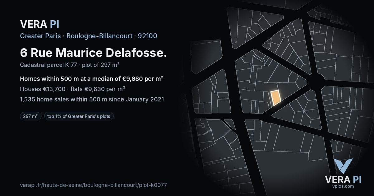 6 Rue Maurice Delafosse, Boulogne-Billancourt at night – the plot lit, the parcels around coloured by the prices near them