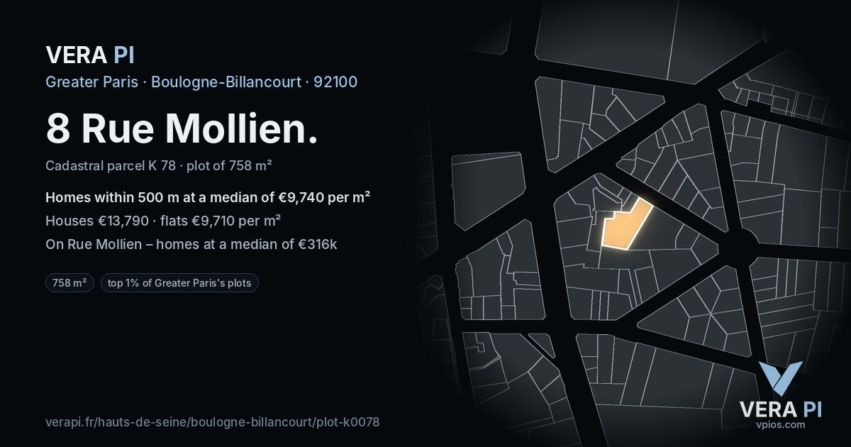 8 Rue Mollien, Boulogne-Billancourt at night – the plot lit, the parcels around coloured by the prices near them