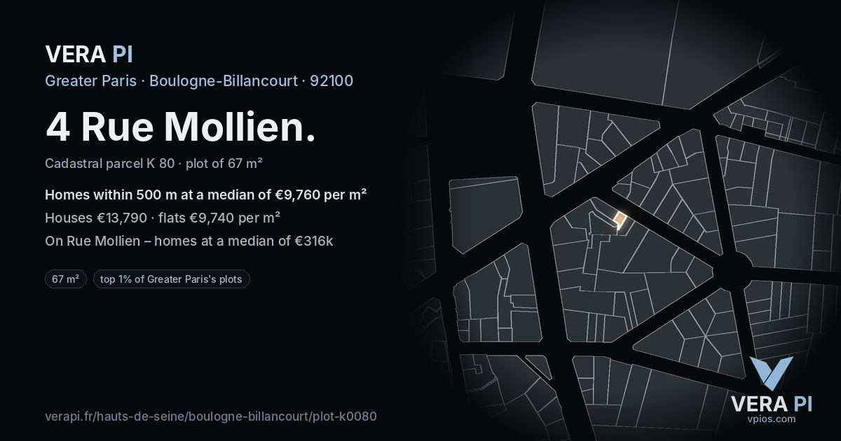 4 Rue Mollien, Boulogne-Billancourt at night – the plot lit, the parcels around coloured by the prices near them