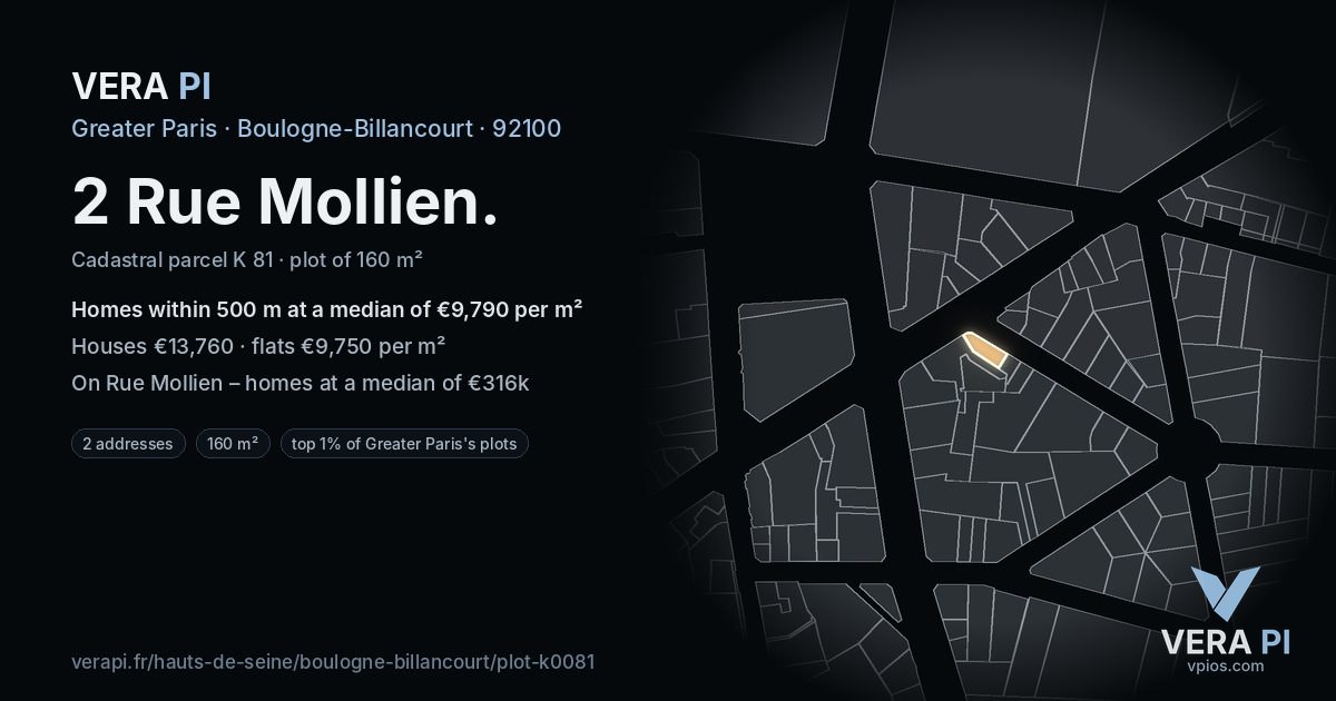 2 Rue Mollien, Boulogne-Billancourt at night – the plot lit, the parcels around coloured by the prices near them