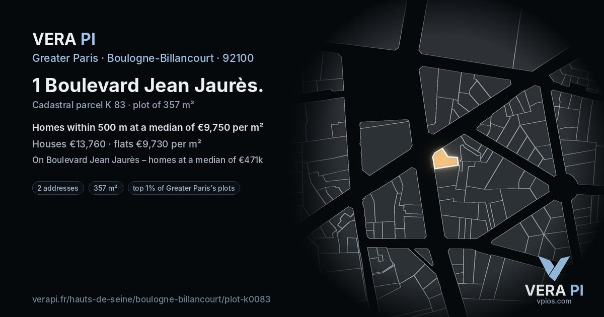 1 Boulevard Jean Jaurès, Boulogne-Billancourt at night – the plot lit, the parcels around coloured by the prices near them