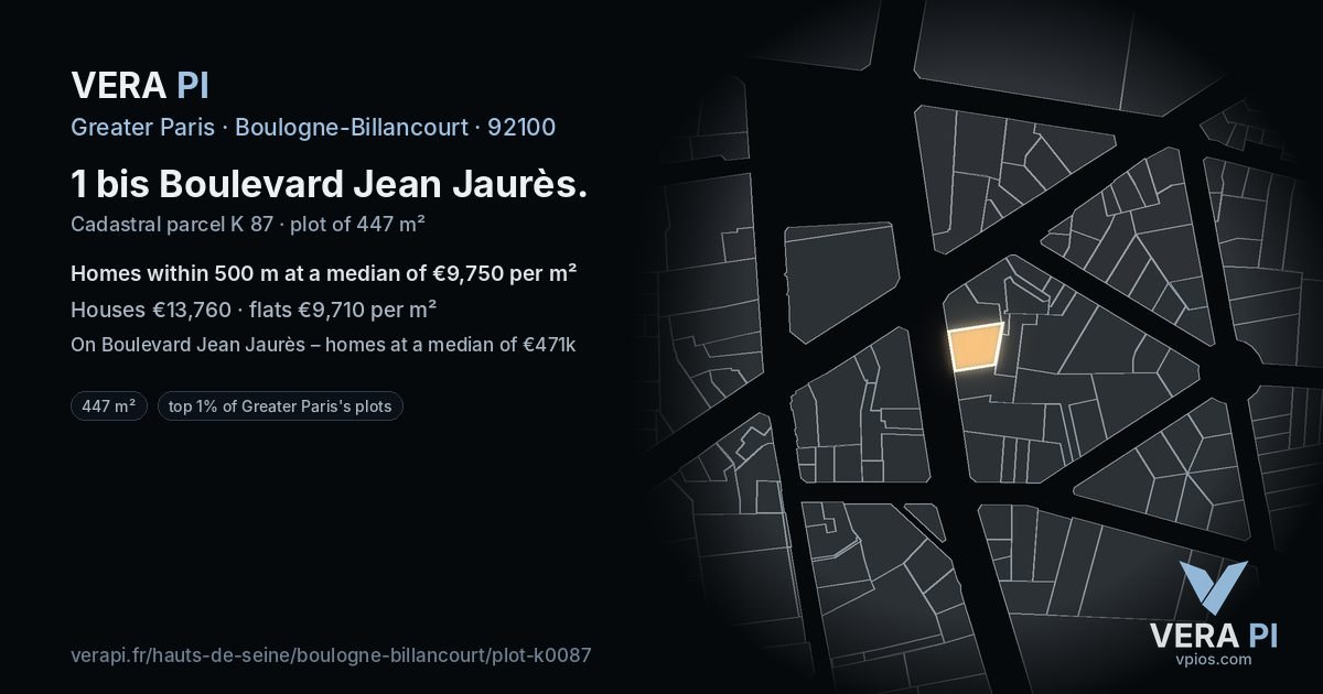 1 bis Boulevard Jean Jaurès, Boulogne-Billancourt at night – the plot lit, the parcels around coloured by the prices near them