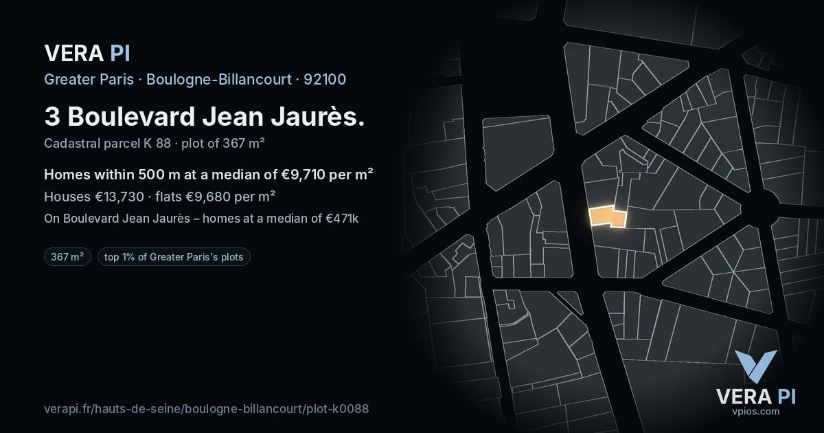 3 Boulevard Jean Jaurès, Boulogne-Billancourt at night – the plot lit, the parcels around coloured by the prices near them