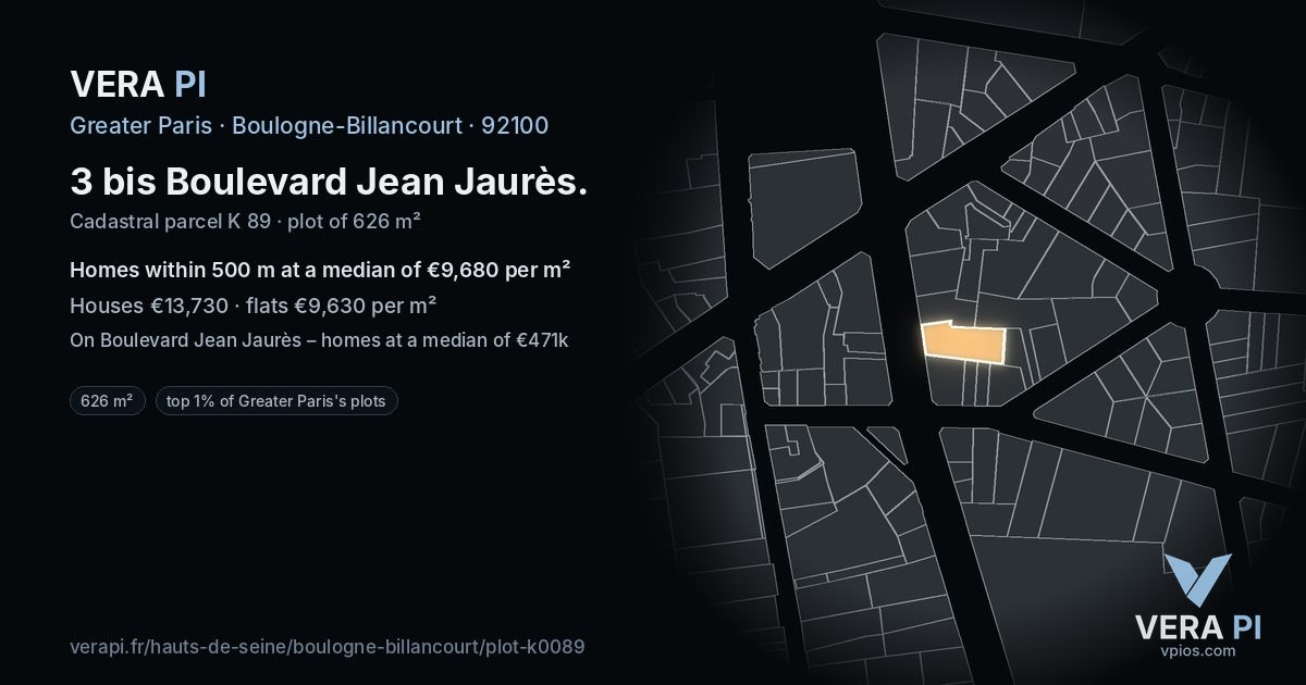 3 bis Boulevard Jean Jaurès, Boulogne-Billancourt at night – the plot lit, the parcels around coloured by the prices near them