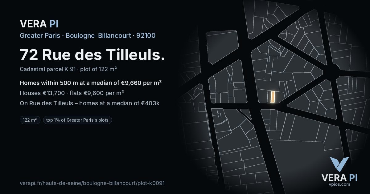 72 Rue des Tilleuls, Boulogne-Billancourt at night – the plot lit, the parcels around coloured by the prices near them
