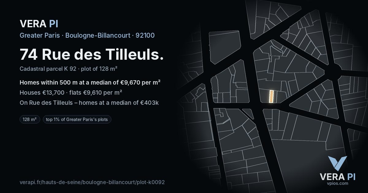 74 Rue des Tilleuls, Boulogne-Billancourt at night – the plot lit, the parcels around coloured by the prices near them