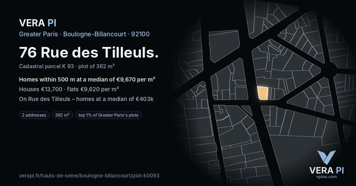 76 Rue des Tilleuls, Boulogne-Billancourt at night – the plot lit, the parcels around coloured by the prices near them